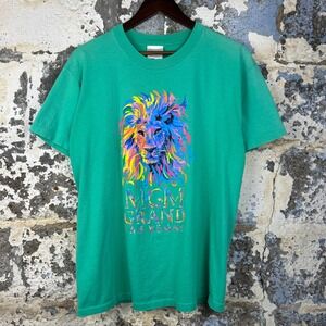 MGM Grand Graphic T-Shirt Mens Large Green Good 1997 Vintage Lion Neon USA Made